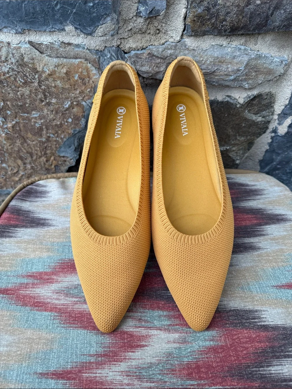 Vivaia Women's 'Aria 5' Pointed-Toe Knit Flats in Mustard Yellow Size 41.5